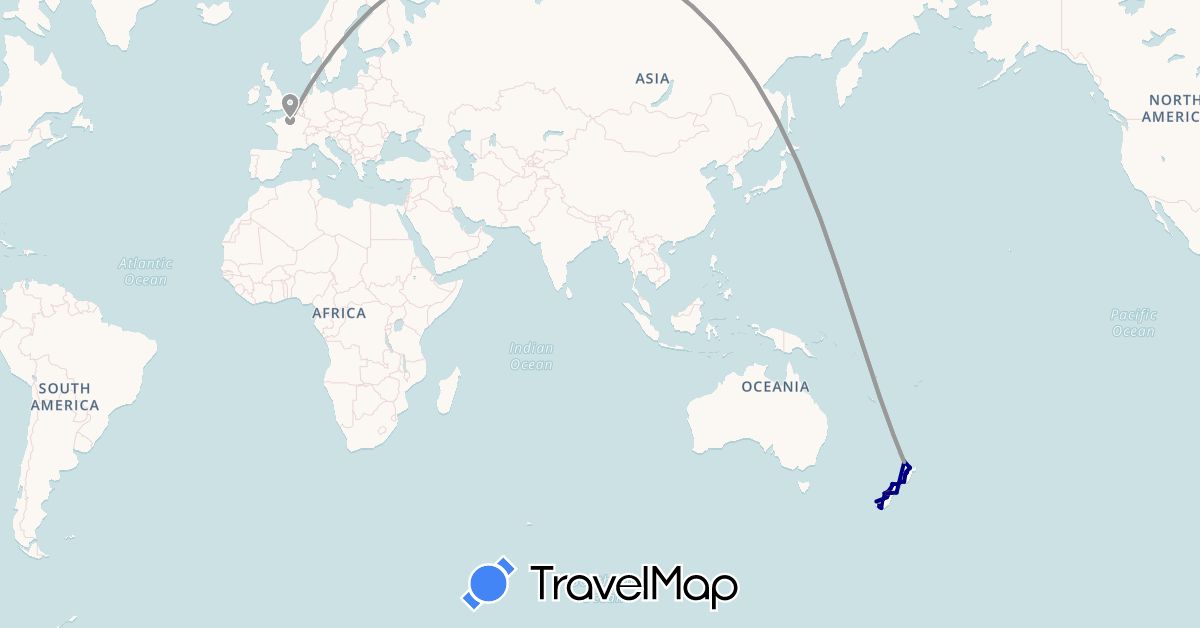 TravelMap itinerary: driving, plane, hiking in France, New Zealand (Europe, Oceania)