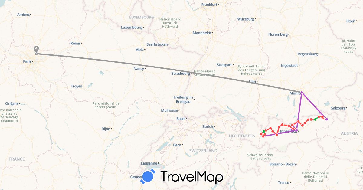 TravelMap itinerary: driving, bus, plane, train, hiking in Austria, Germany, France (Europe)