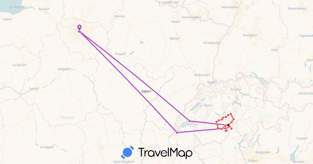 TravelMap itinerary: bus, train, hiking, téléphérique in Switzerland, France, Italy (Europe)